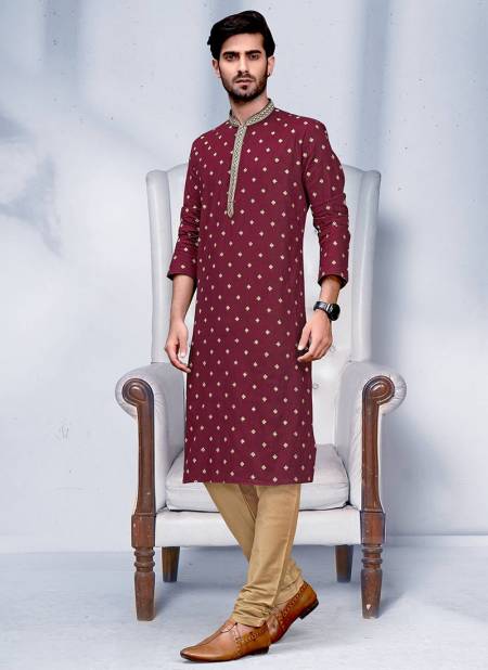 Maroon Colour Vog New Exclusive Fancy Festive Wear Cotton Embroidery Kurta Pajama Mens Collection VOG-KP-11